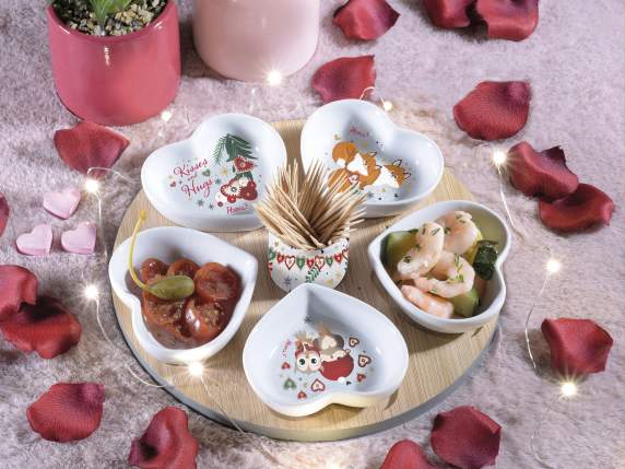 Aperitif set 6 porcelain cups on wooden tray