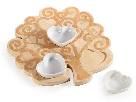 Aperitif set 3 porcelain bowls on wooden tray