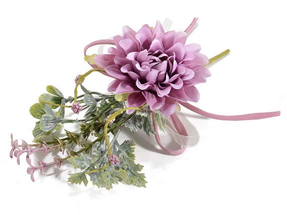 Artificial dahlia with little flowers and ribbon with bow