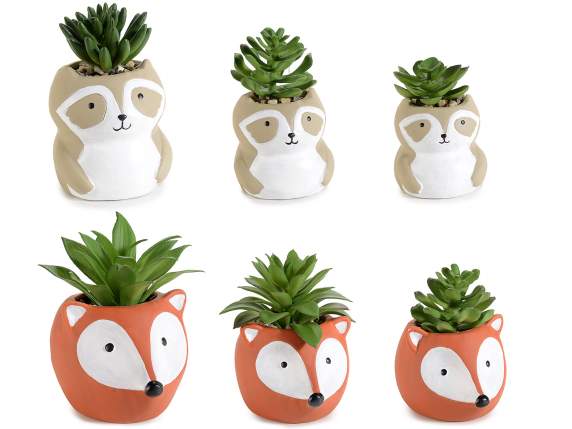 Set of 3 ceramic animal vases with artificial plant