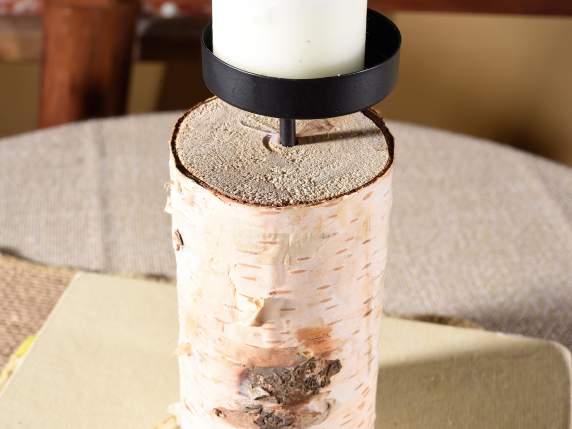 Set of 3 wooden log candle holders with metal backsplash