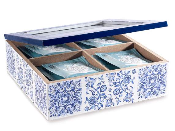 Caja de té-especias madera vidrio con 4 compartimentos Blu