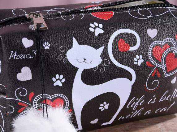 PrettyCat imitation leather beauty case with zip and pompo