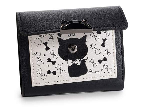 Pretty Cat leatherette wallet with button closure