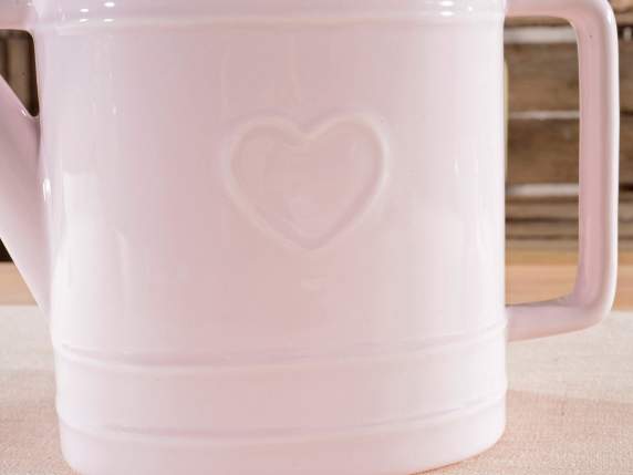 Glossy ceramic watering can vase with heart in relief