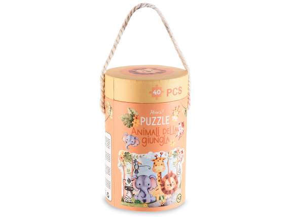 Puzzle 40 cardboard tiles in cylindrical box with handle
