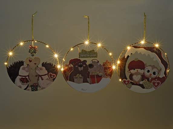 Hanging metal and wood decoration with LED lights WinterLov