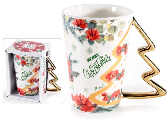 Porcelain mug with golden tree handle in gift box