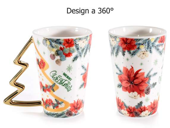Porcelain mug with golden tree handle in gift box