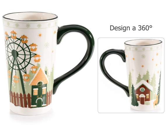 Glossy ceramic mug with Winter Village decorations