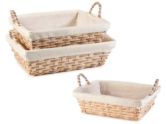 Set of 3 natural bamboo baskets with fabric covering