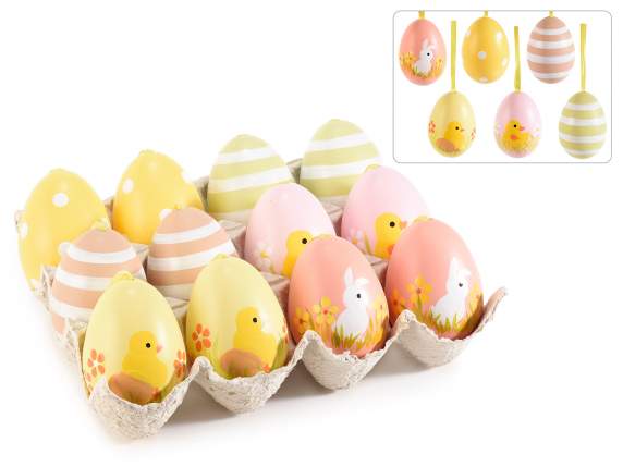 I display 12 hand-painted plastic eggs to hang