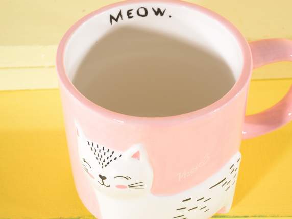 Woof-Meow ceramic mug with animals in relief and feet