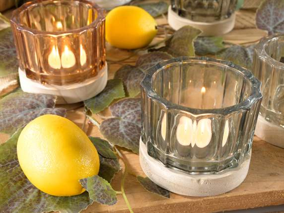 Knurled colored glass candle holder with wooden base