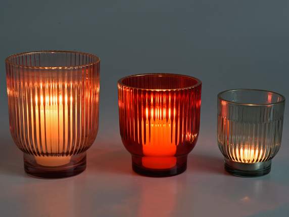 Set of 3 knurled glass candle holders with golden edge