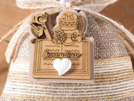 Jute bag with wooden Communion decoration, bow and tie