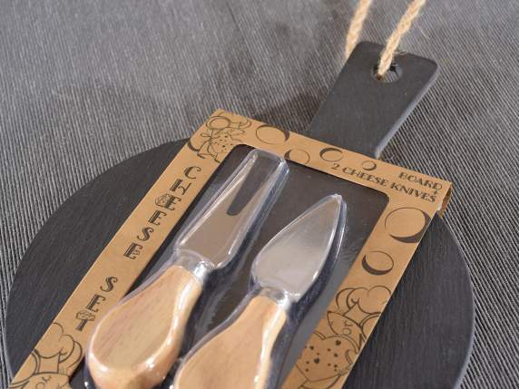 Bamboo-slate cutting board set with 2 cheese knives and cord