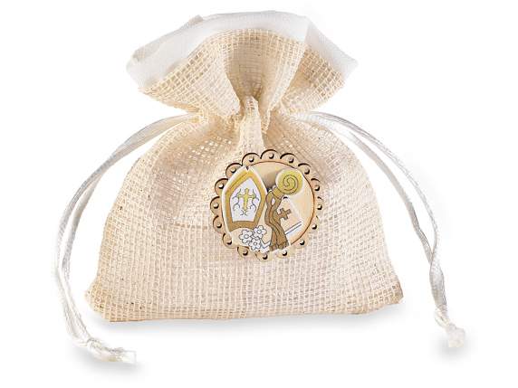 Mesh bag with wooden Confirmation decoration and tie rod