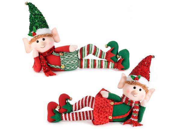 Mom and Dad elf lying down in fabric with sequin details