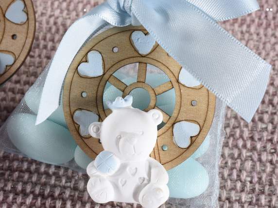 Wooden decoration with plaster teddy bear Birth Baby