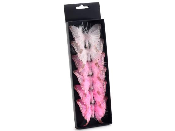 Box of 6 colored butterflies with feathers and metal clips