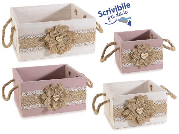 Set of 4 wooden boxes in 2 colors with flower and rope handl