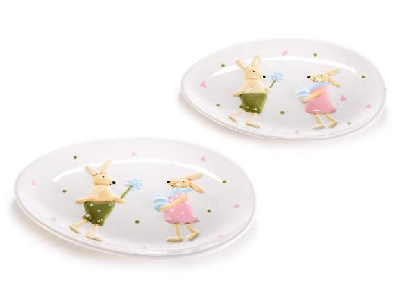Set of 2 ceramic egg plates with embossed bunnies