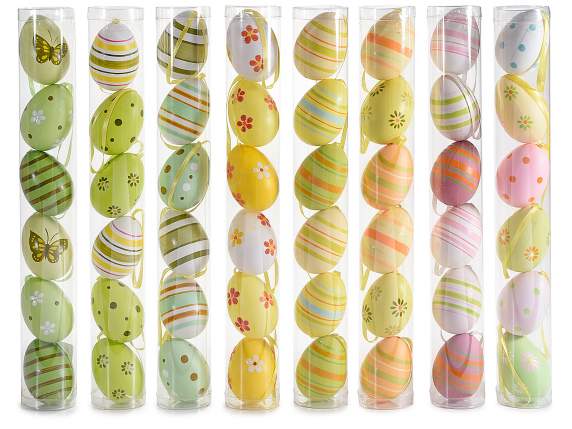 Tube of 6 hand painted plastic eggs to hang