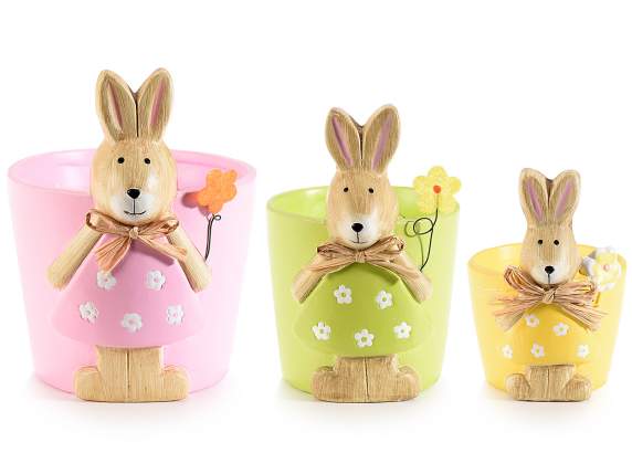 Set of 3 colored terracotta vases with bunny and flower