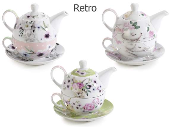 Porcelain cup, teapot and saucer set with Bunny decoration