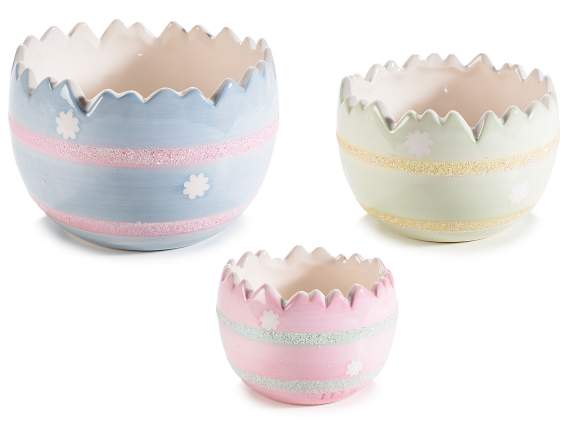 Set of 3 egg-shaped containers in glossy colored ceramic