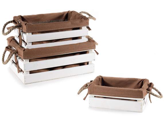 Set of 3 white wooden boxes with brown fabric and rope handl