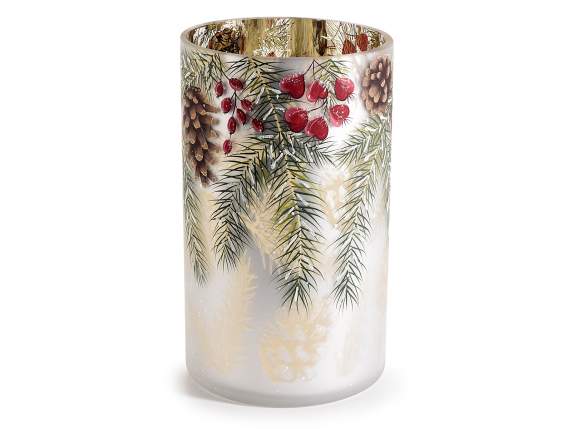 Candle holder- Vase in frosted effect glass with pine decora