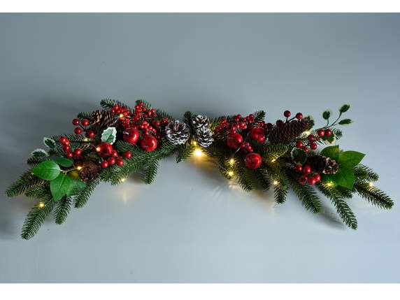 Garland with apples, pine cones, red berries and LED lights