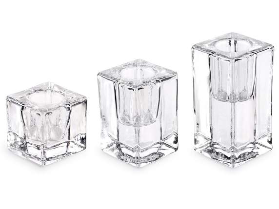 Set of 3 transparent glass candle holders with square base