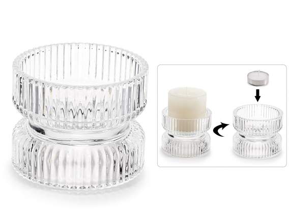 Double-use knurled candle holder in transparent glass
