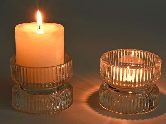 Double-use knurled candle holder in transparent glass