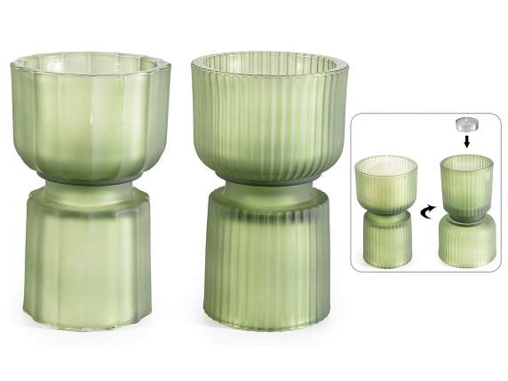 Double-use knurled satin green glass candle holder