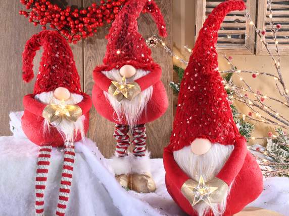 Set of 3 long-legged Santa Clauses in fabric with LED star