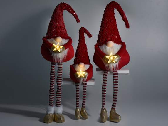 Set of 3 long-legged Santa Clauses in fabric with LED star