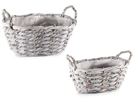 Set of 2 wooden baskets with handles and internal fabric