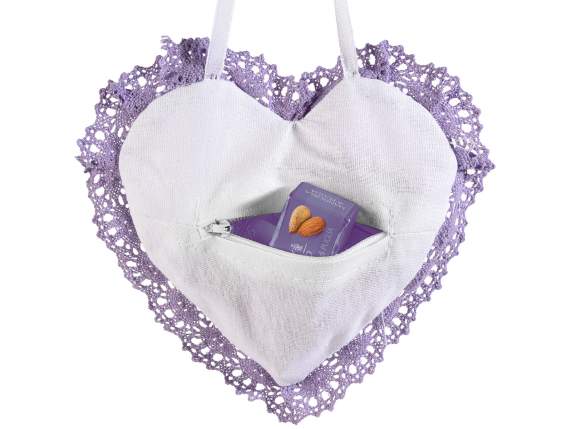 Cotton bag with lavender embroidery, lace and zip to hang