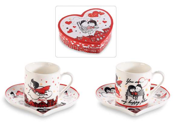Gift box of 2 porcelain coffee cups and heart saucers