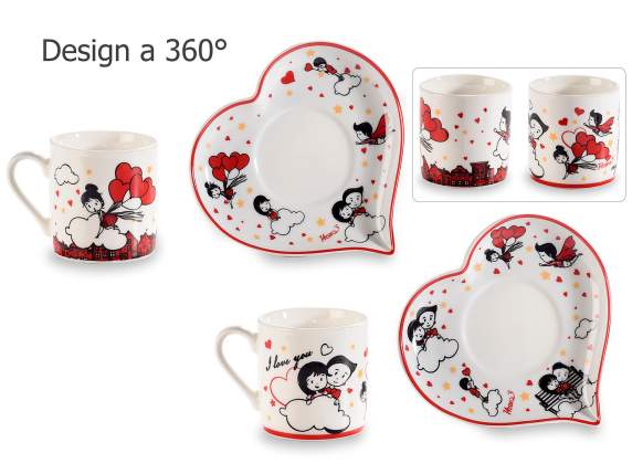 Gift box of 2 porcelain coffee cups and heart saucers