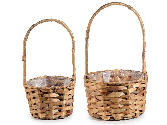 Set of 2 woven wooden baskets with high handle