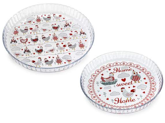 Set of 2 glass food cake tins with Gallinella decoration
