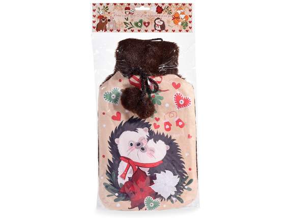 Hot water bottle with soft eco-fur cover and pom poms