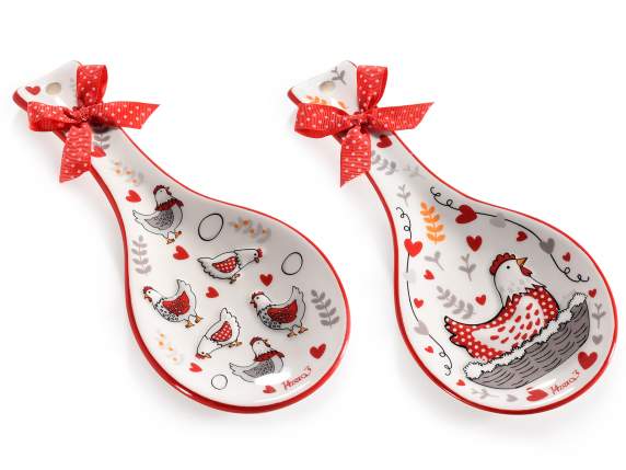 Ceramic spoon rest with Chicken relief decorations w-bow