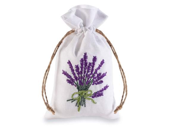 Cotton bag with lavender embroidery and tie