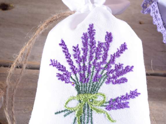 Cotton bag with lavender embroidery and tie
